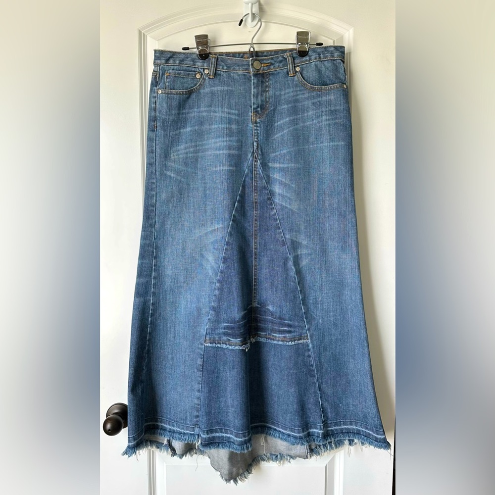 Vintage Miss Bisou Maxi Denim Jean Skirt, hi-low, zipper fly, size 11 junior